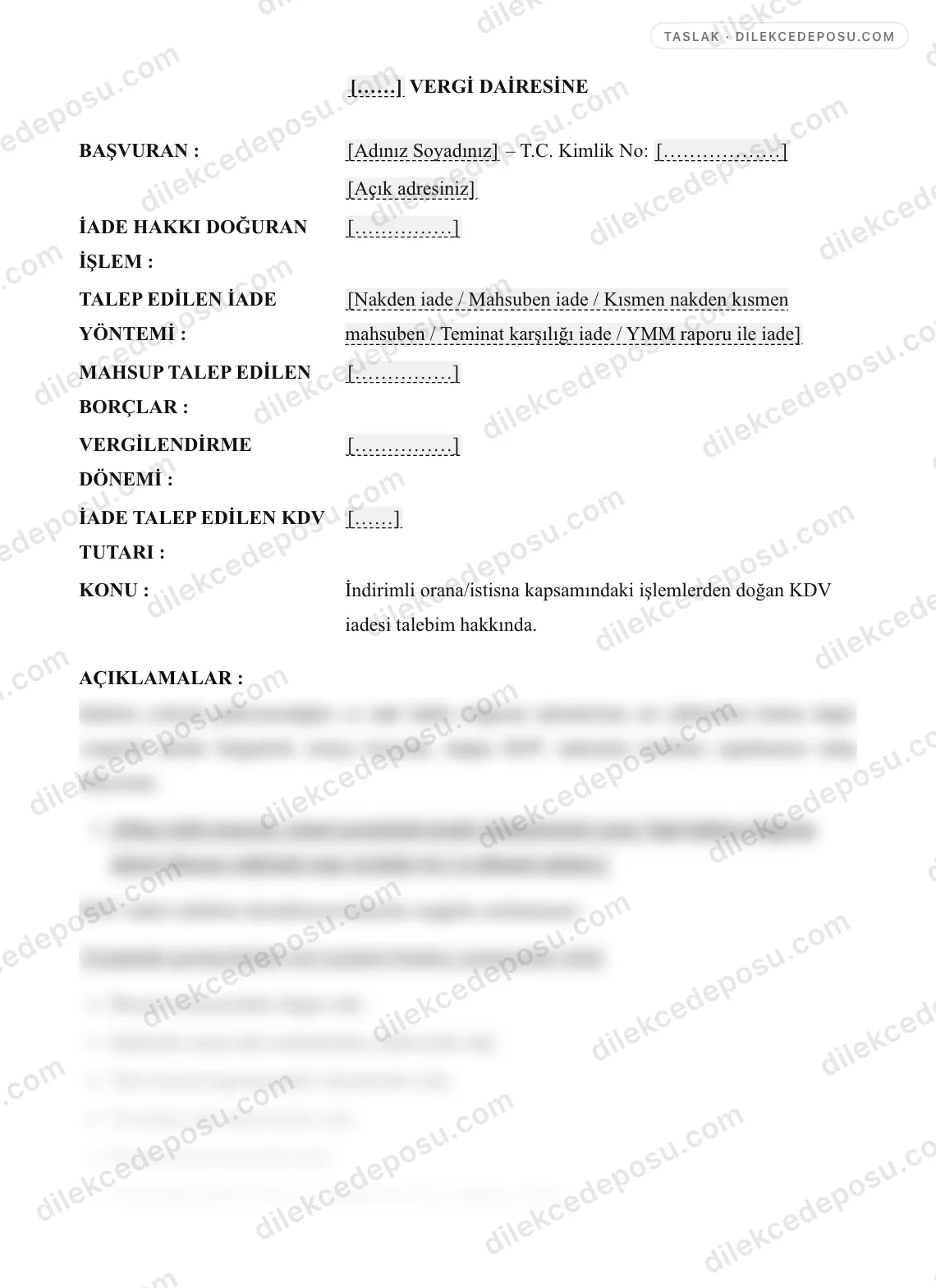 KDV İadesi Talep Dilekçesi Örneği – taslağın ilk bölümünün önizlemesi