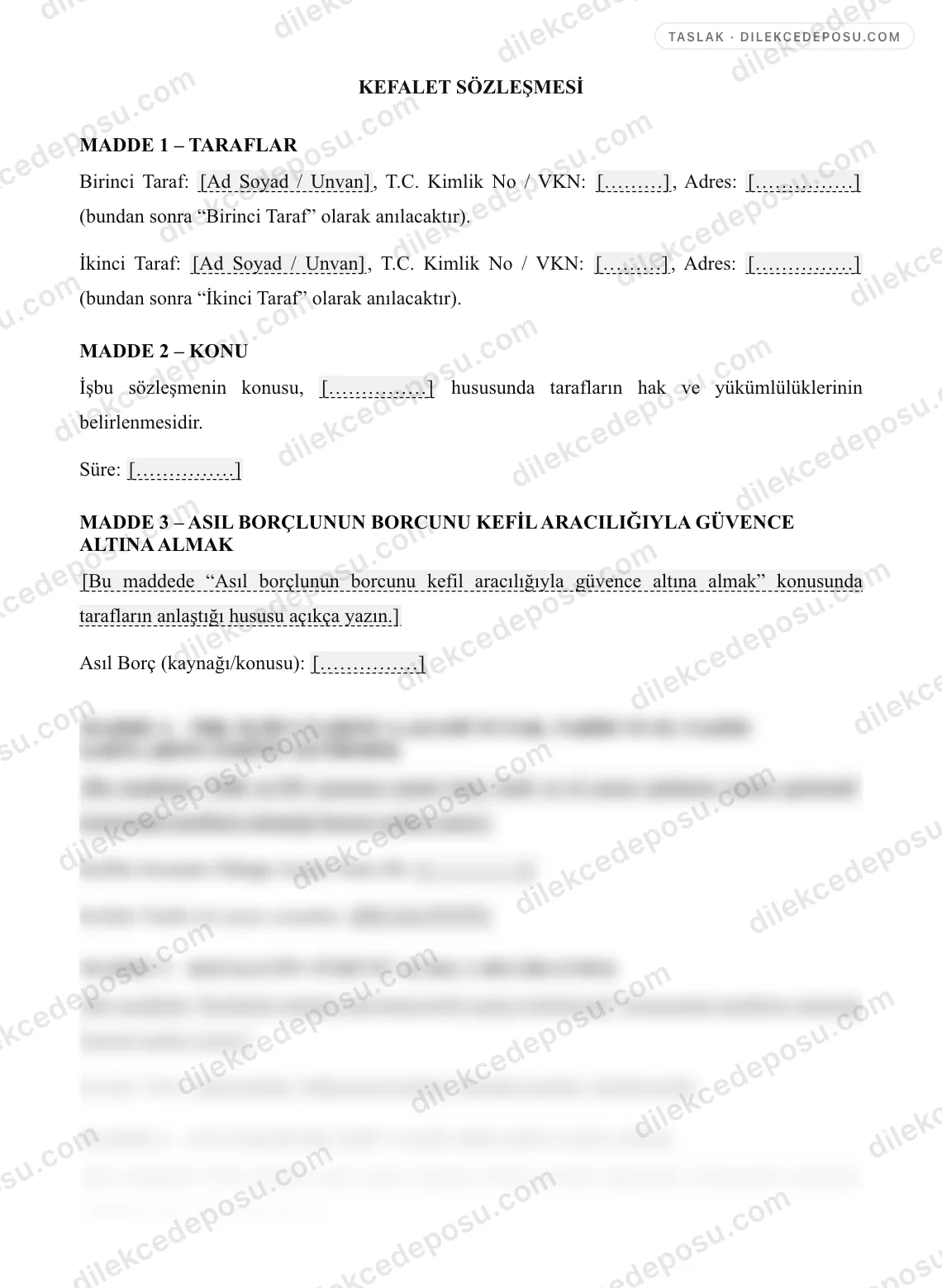 Kefalet Sözleşmesi Örneği – taslağın ilk bölümünün önizlemesi