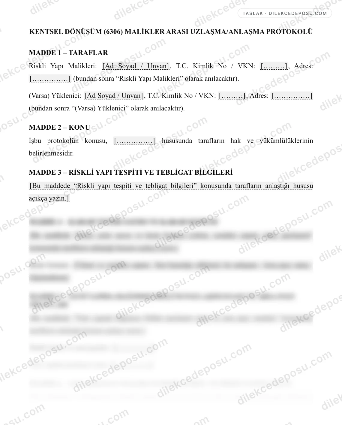 Kentsel Dönüşüm (6306) Malikler Arası Uzlaşma/Anlaşma Protokolü Örneği – taslağın ilk bölümünün önizlemesi