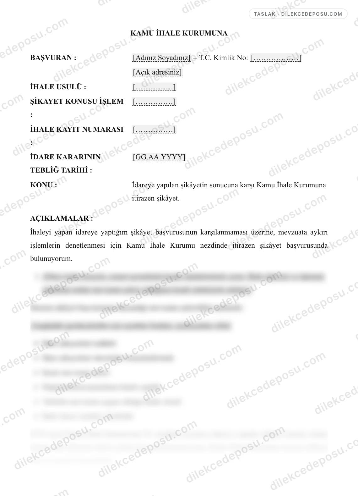 KİK İtirazen Şikayet Başvurusu Örneği – taslağın ilk bölümünün önizlemesi