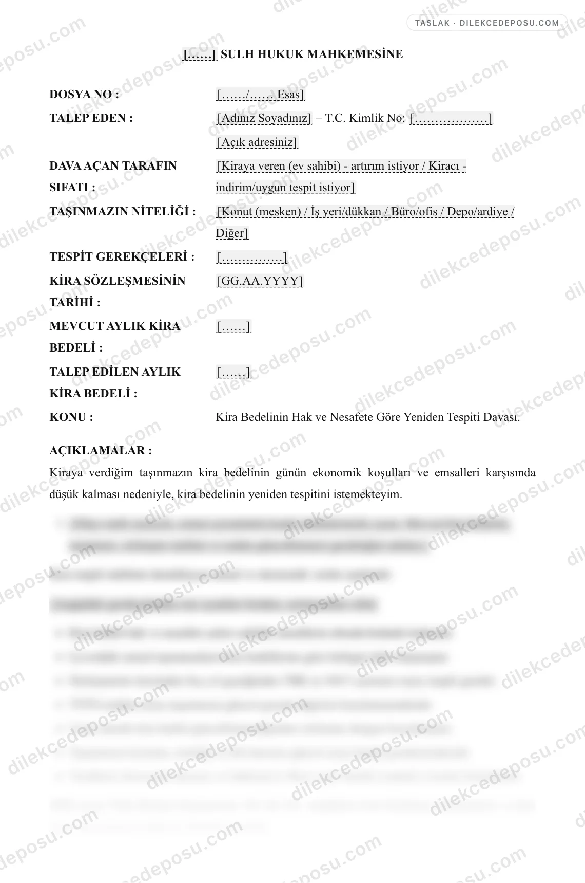 Kira Tespit Davası Dilekçesi Örneği – taslağın ilk bölümünün önizlemesi