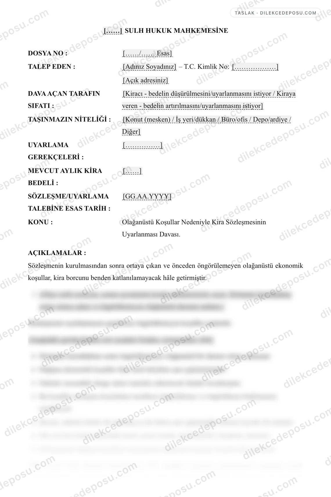 Kira Uyarlama Davası Dilekçesi Örneği – taslağın ilk bölümünün önizlemesi