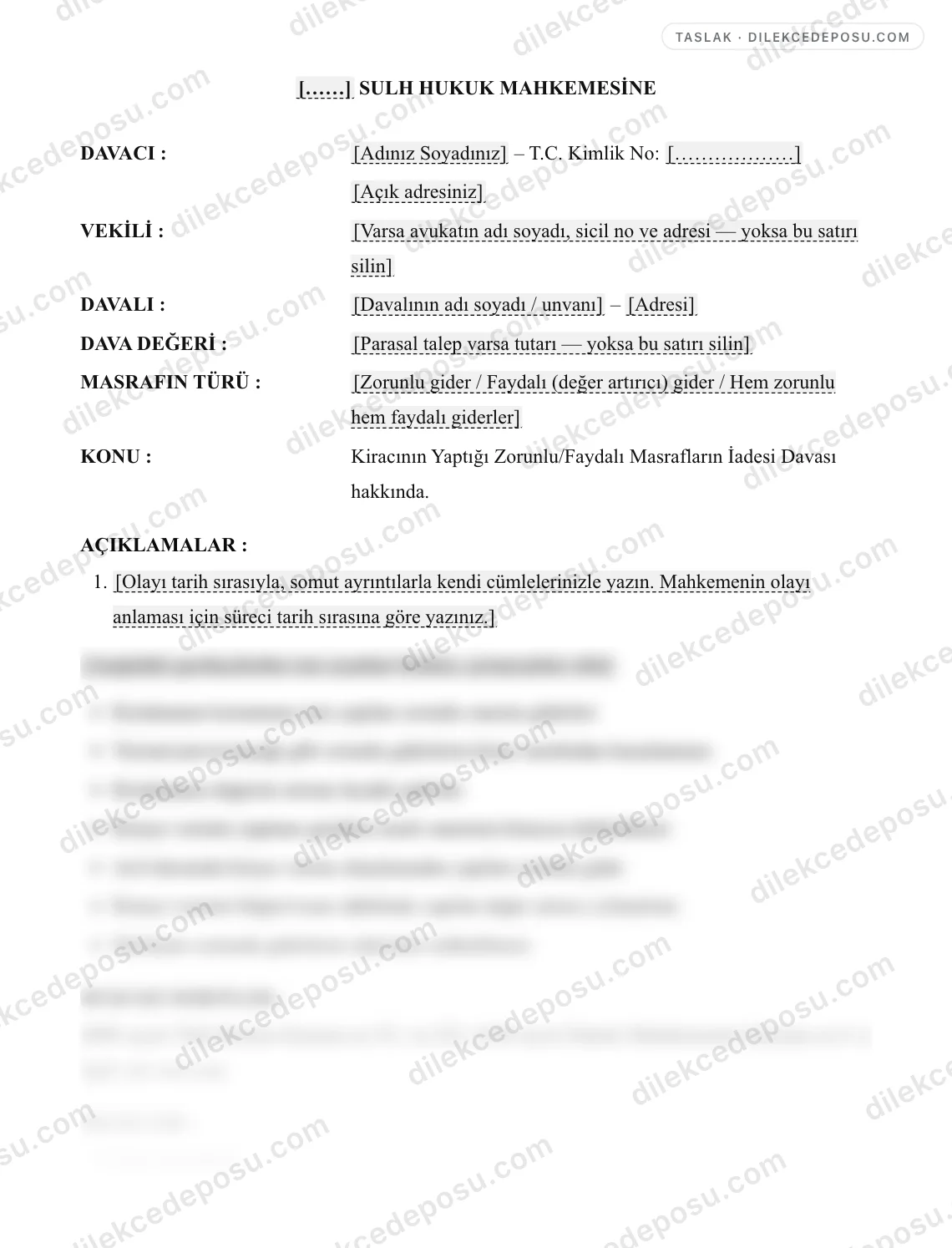 Kiracının Yaptığı Zorunlu/Faydalı Masrafların İadesi Davası (TBK m.321, 322) Örneği – taslağın ilk bölümünün önizlemesi