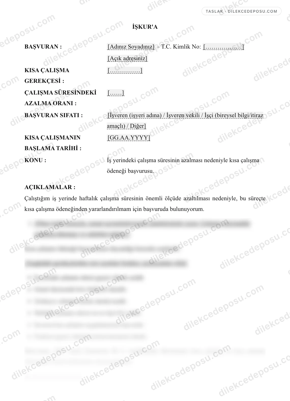 Kısa Çalışma Ödeneği Başvuru Örneği – taslağın ilk bölümünün önizlemesi