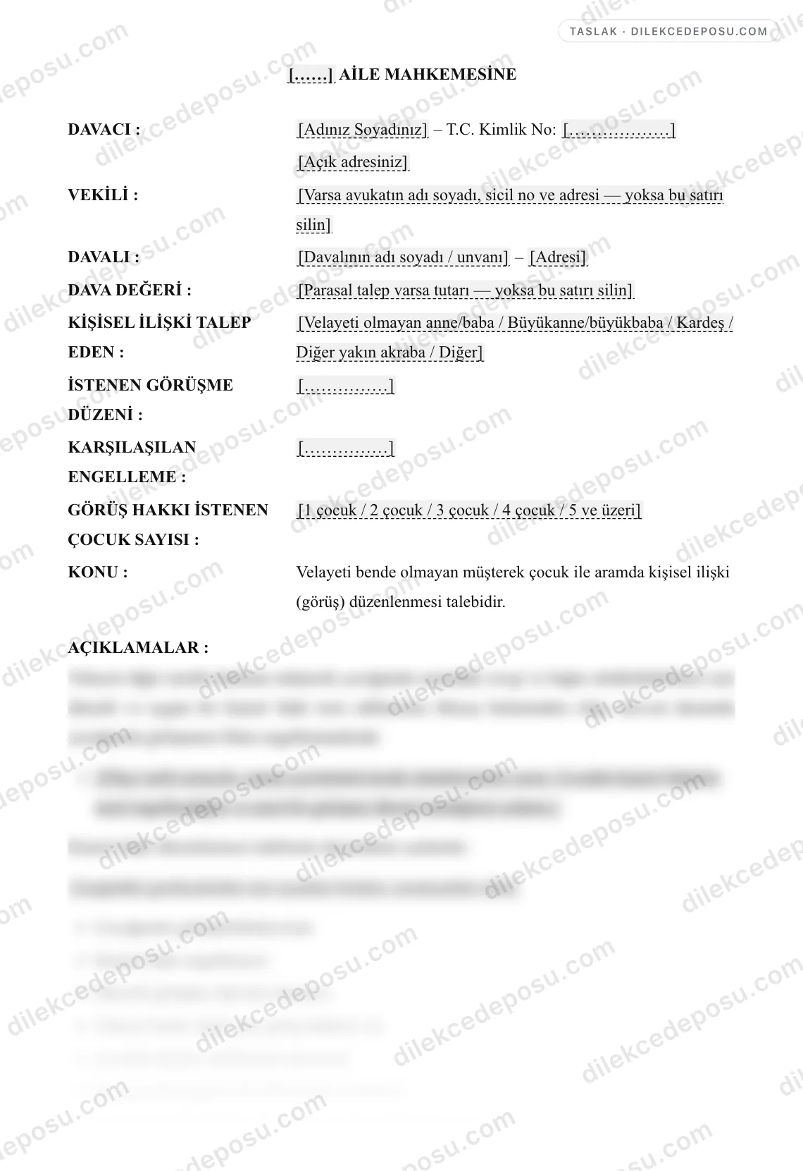 Kişisel İlişki (Görüş Hakkı) Dilekçesi Örneği – taslağın ilk bölümünün önizlemesi