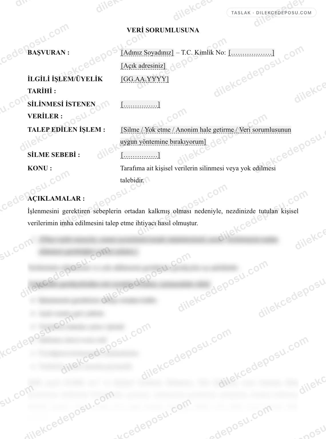 Kişisel Verilerin Silinmesi/Yok Edilmesi Talebi Örneği – taslağın ilk bölümünün önizlemesi