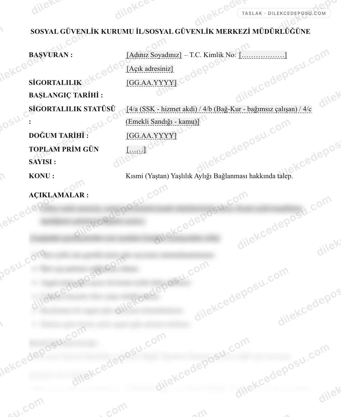 Kısmi (Yaştan) Yaşlılık Aylığı Bağlanması Talep Dilekçesi Örneği – taslağın ilk bölümünün önizlemesi