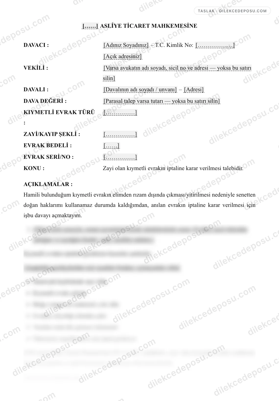 Kıymetli Evrakın İptali (Zayi) Davası Örneği – taslağın ilk bölümünün önizlemesi
