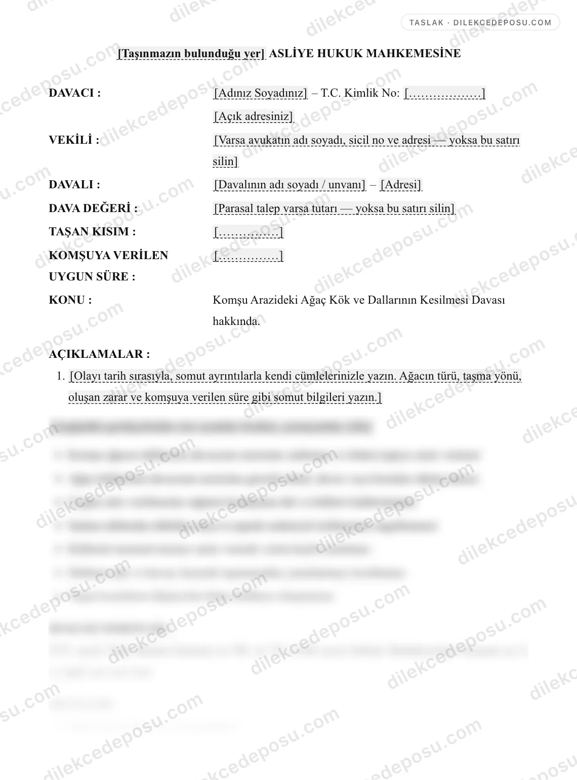 Komşu Arazideki Ağaç Kök ve Dallarının Kesilmesi Davası (TMK m.740) Örneği – taslağın ilk bölümünün önizlemesi