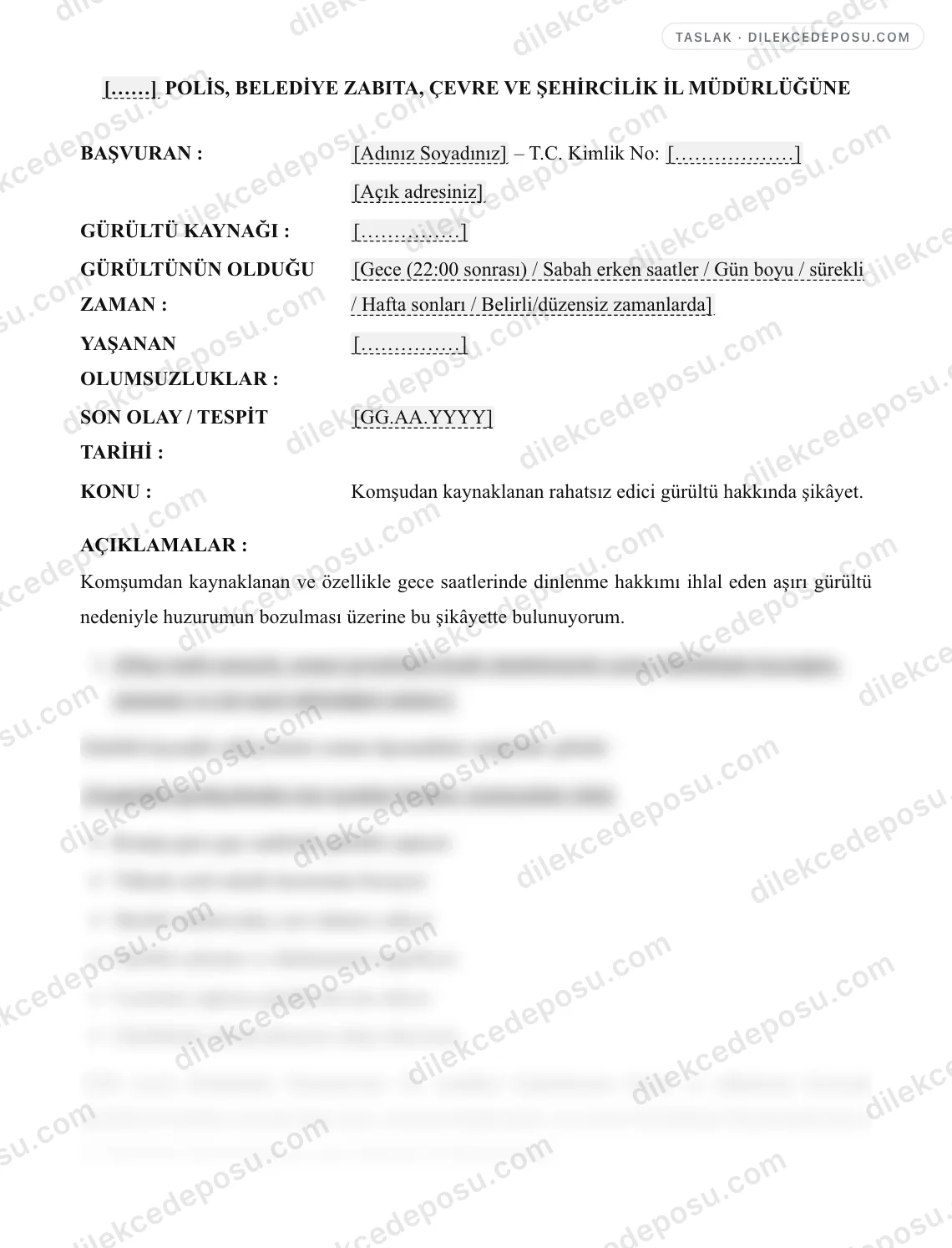 Komşu/Gürültü Şikayet Dilekçesi Örneği – taslağın ilk bölümünün önizlemesi