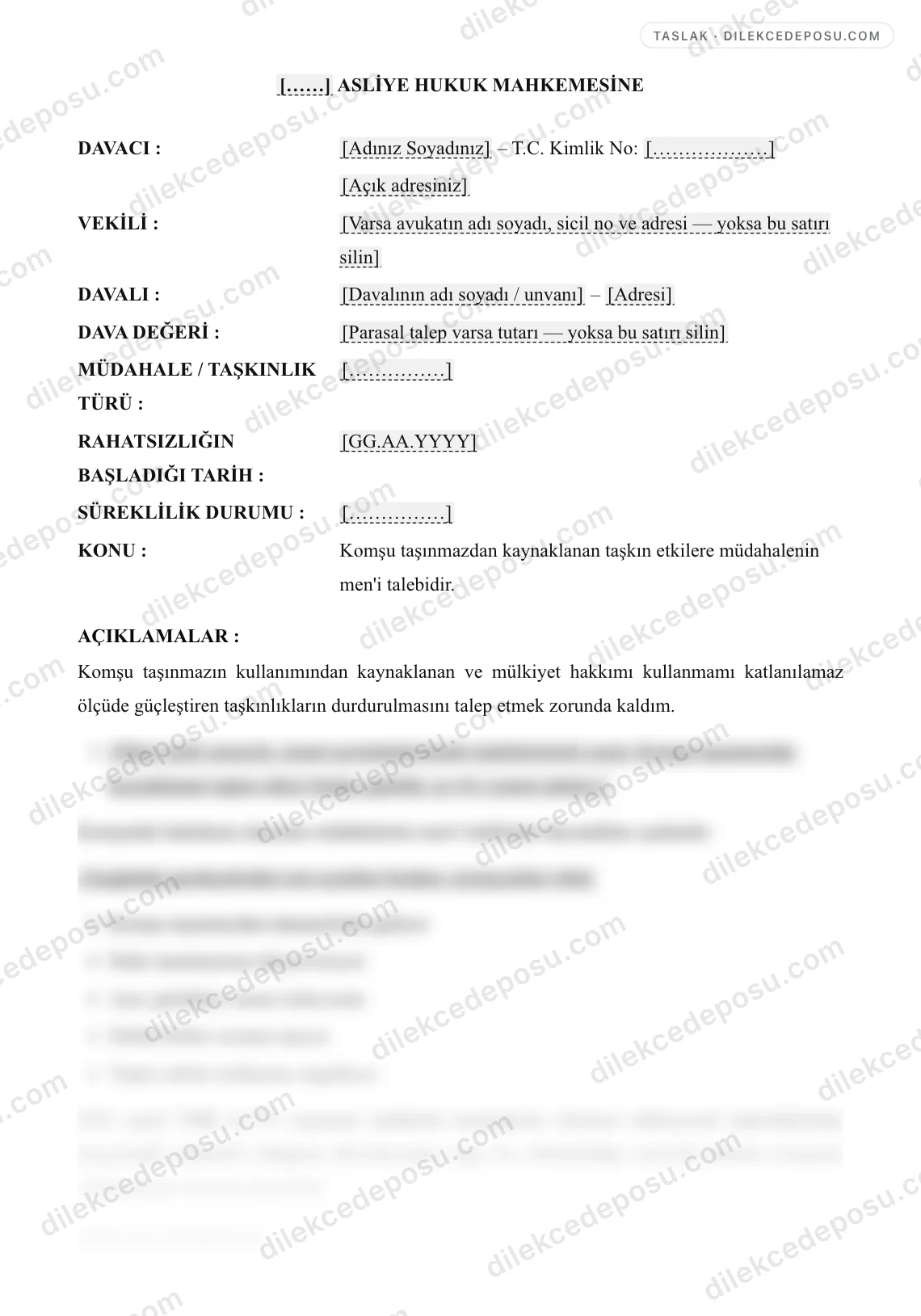 Komşuluk Hukukundan Kaynaklı Müdahalenin Men'i Dilekçesi Örneği – taslağın ilk bölümünün önizlemesi
