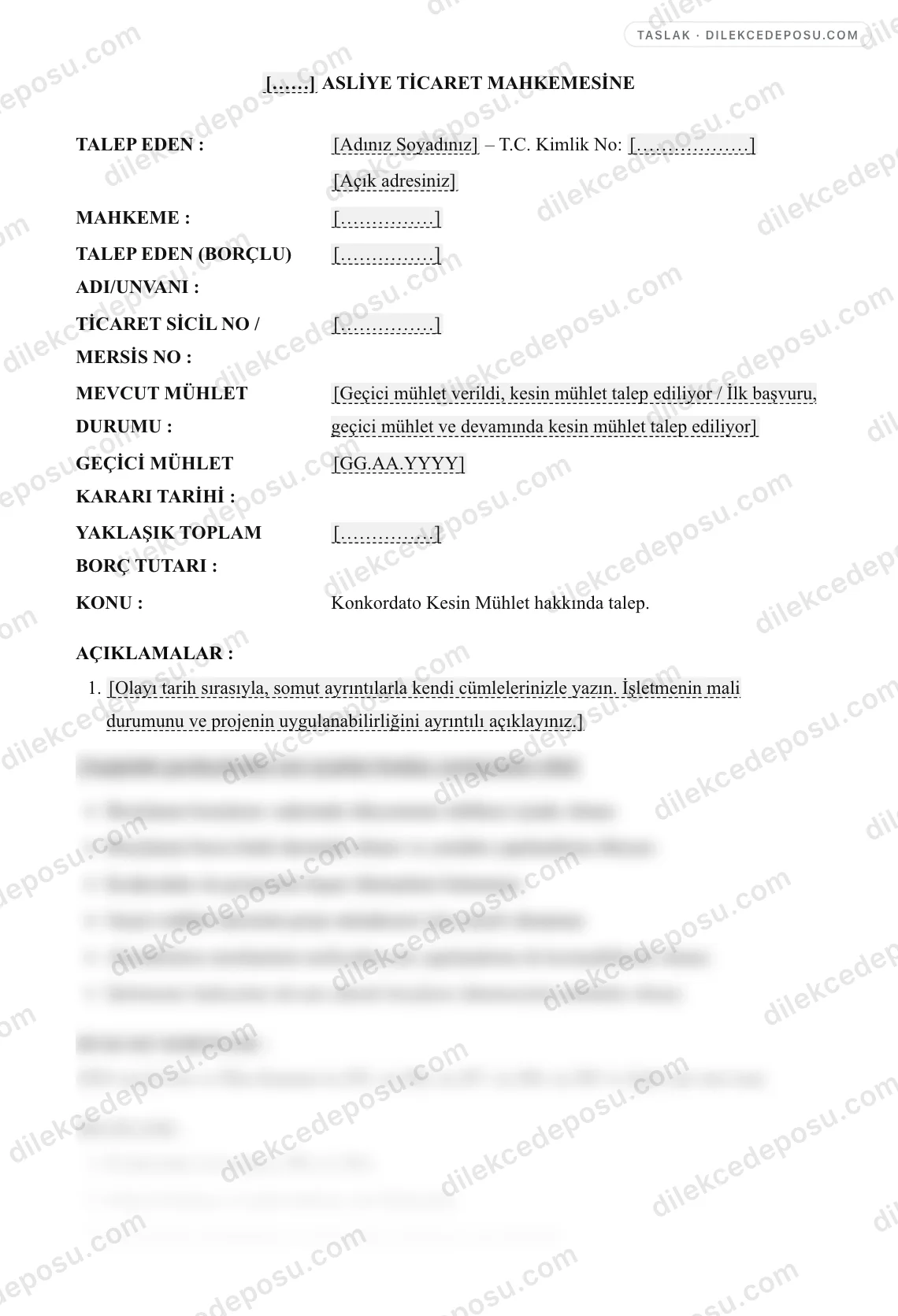 Konkordato Kesin Mühlet Talebi Dilekçesi (İİK m.287) Örneği – taslağın ilk bölümünün önizlemesi
