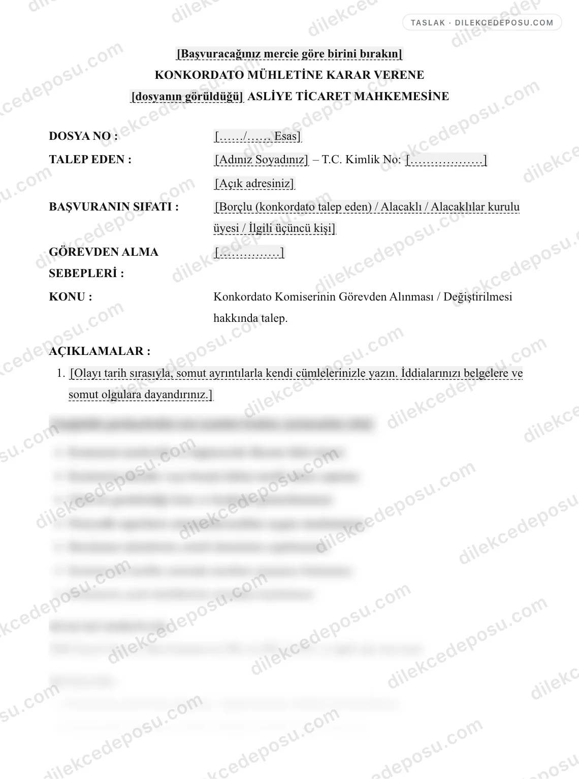 Konkordato Komiserinin Görevden Alınması / Değiştirilmesi Talebi Örneği – taslağın ilk bölümünün önizlemesi
