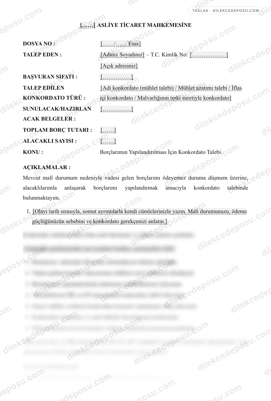 Konkordato Talep Dilekçesi Örneği – taslağın ilk bölümünün önizlemesi