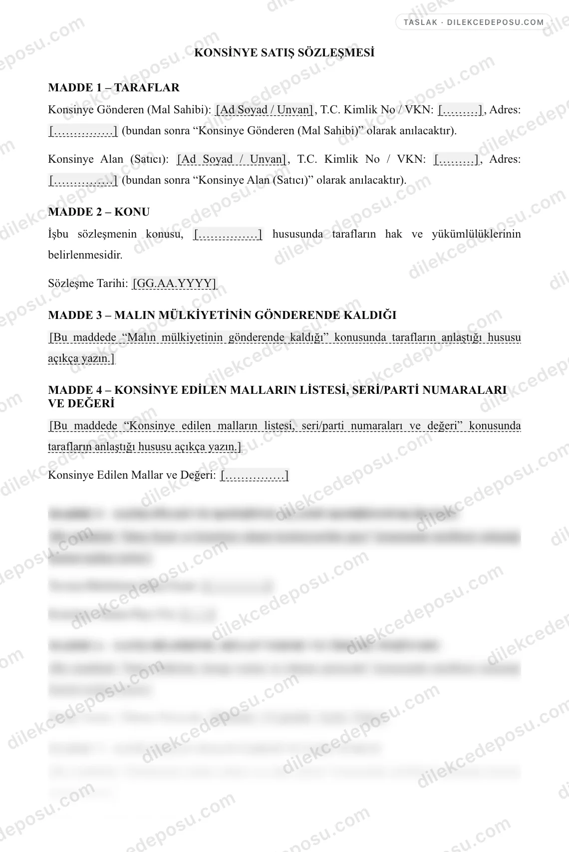 Konsinye Satış Sözleşmesi Örneği – taslağın ilk bölümünün önizlemesi