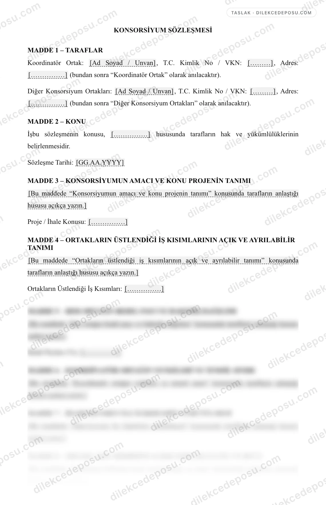 Konsorsiyum Sözleşmesi Örneği – taslağın ilk bölümünün önizlemesi