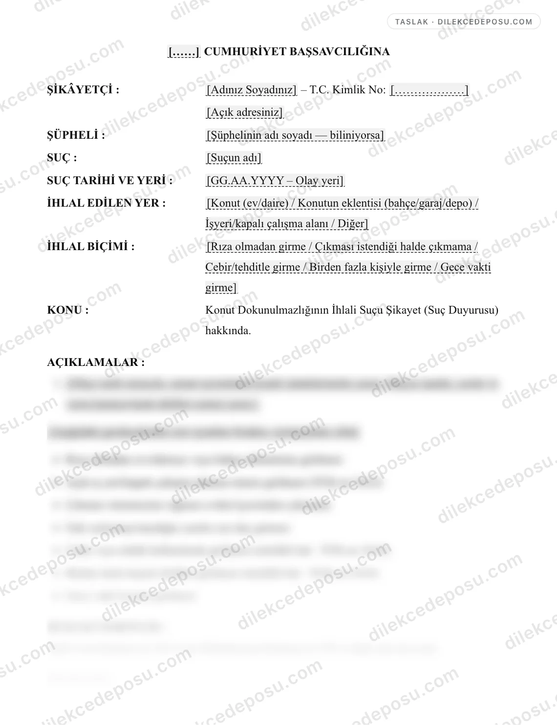 Konut Dokunulmazlığının İhlali Suçu Şikayet (Suç Duyurusu) Dilekçesi Örneği – taslağın ilk bölümünün önizlemesi