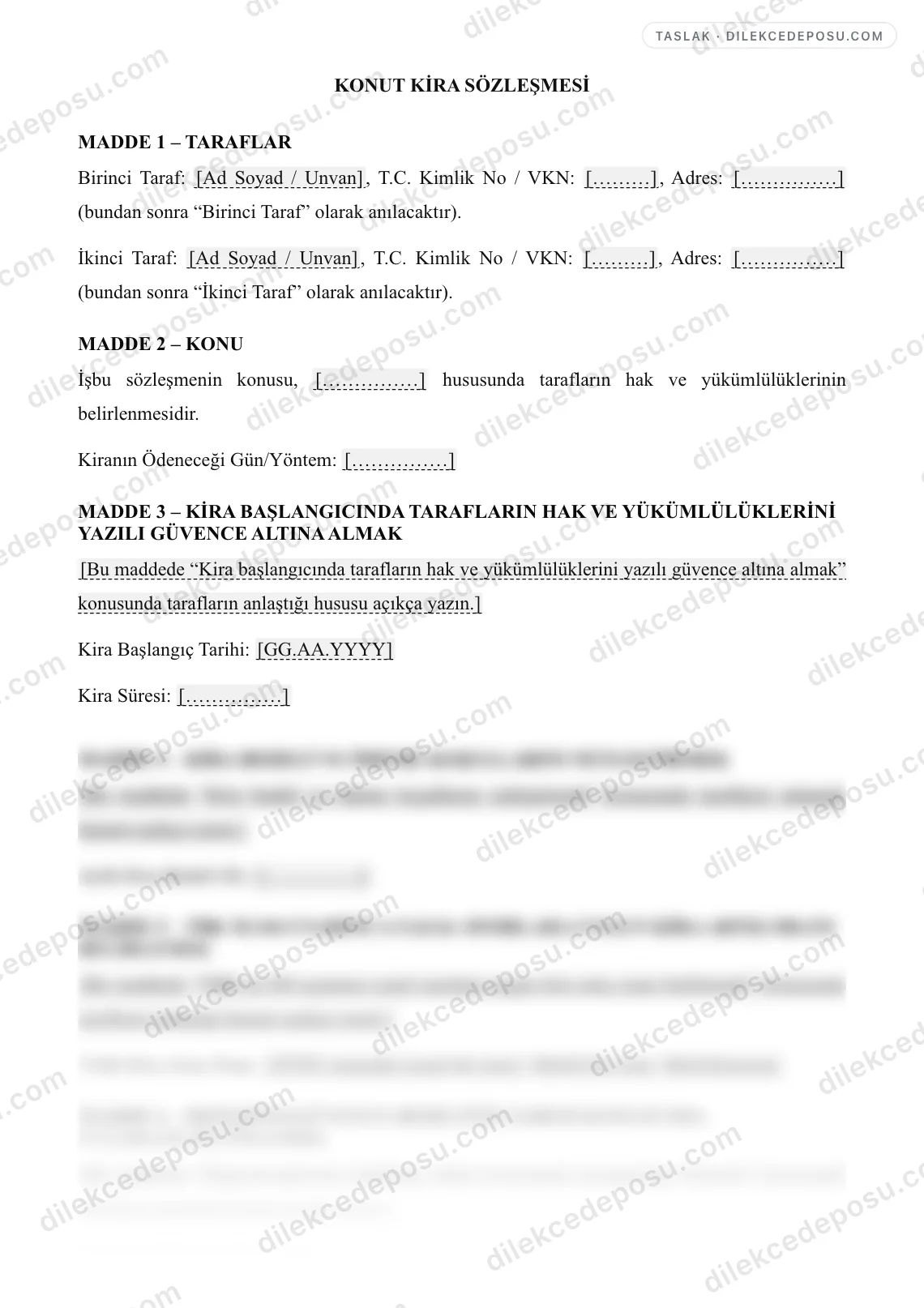 Konut Kira Sözleşmesi Örneği – taslağın ilk bölümünün önizlemesi