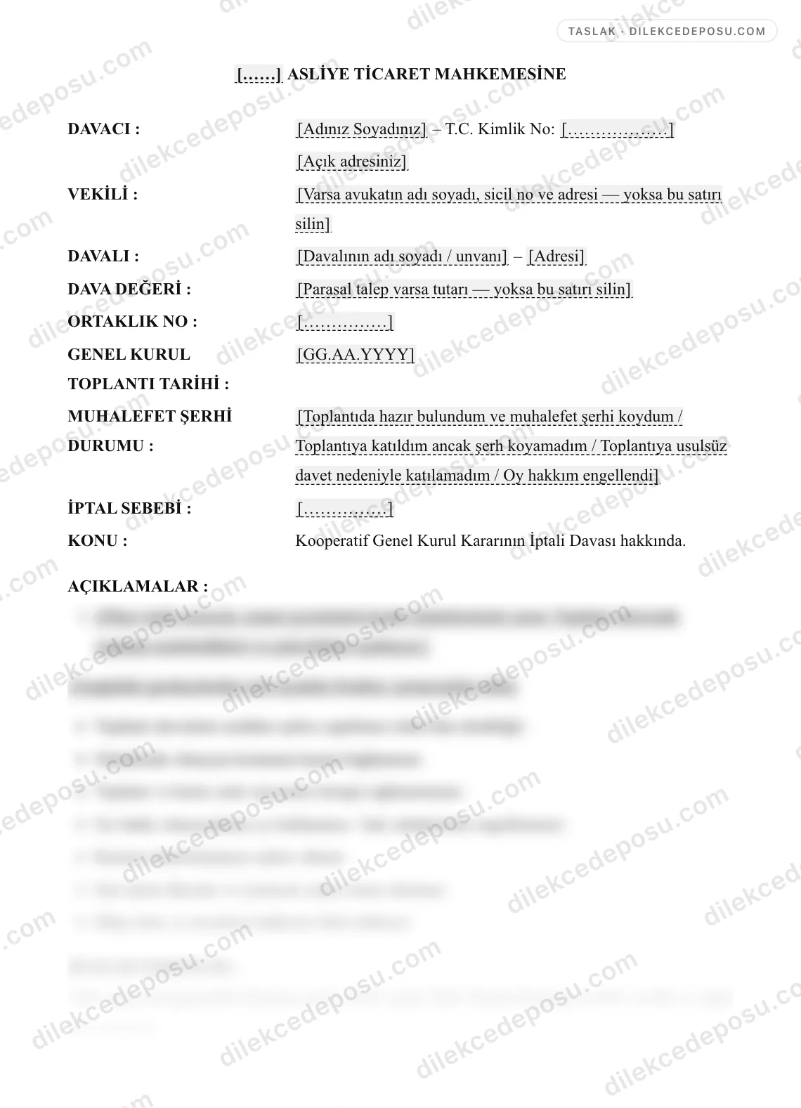 Kooperatif Genel Kurul Kararının İptali Davası Örneği – taslağın ilk bölümünün önizlemesi