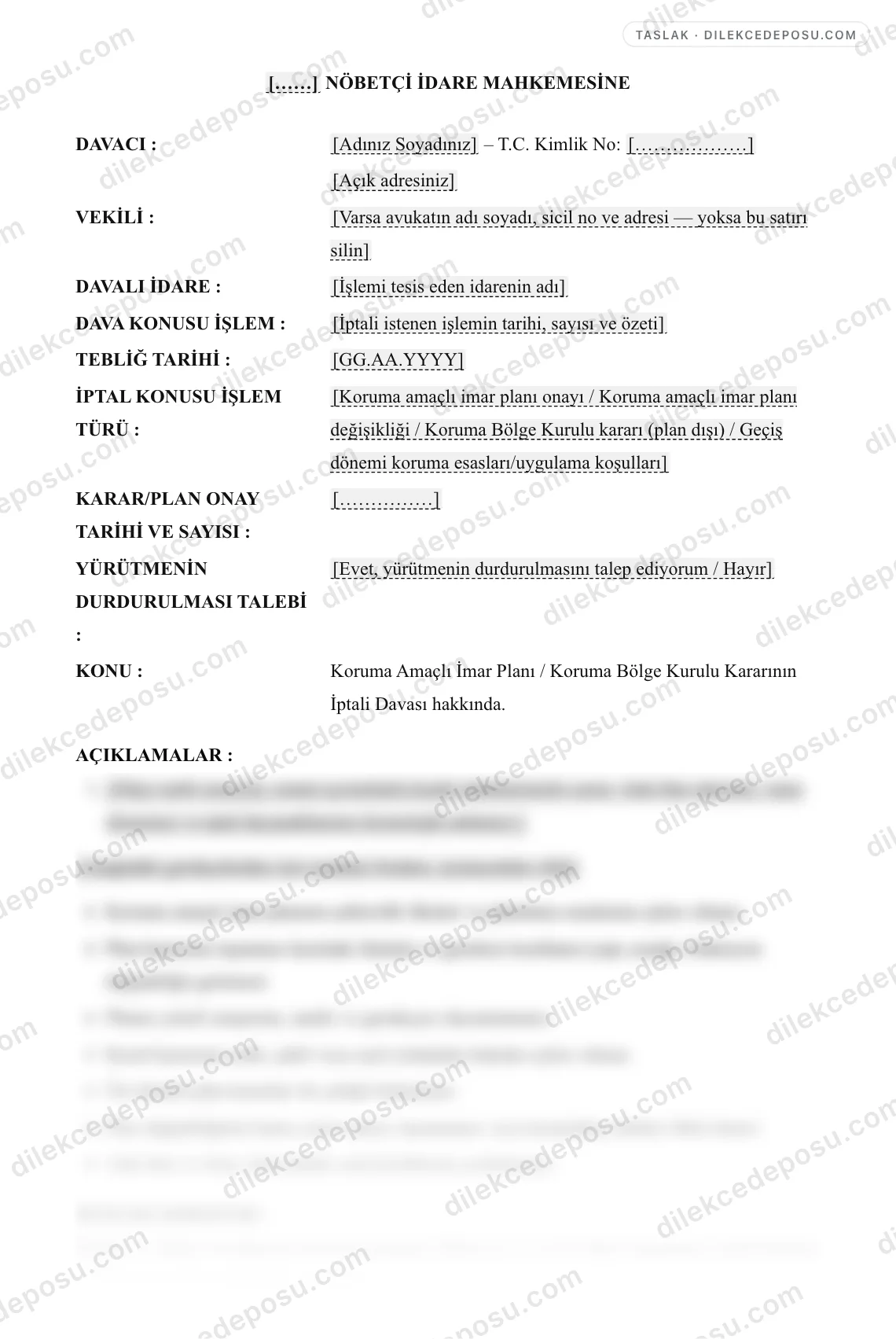 Koruma Amaçlı İmar Planı / Koruma Bölge Kurulu Kararının İptali Davası Dilekçesi Örneği – taslağın ilk bölümünün önizlemesi