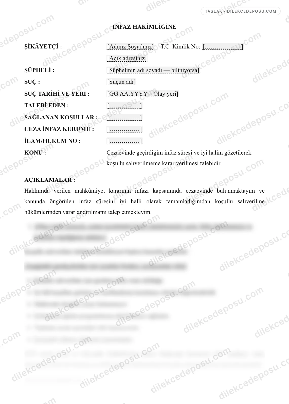 Koşullu Salıverilme Talebi Dilekçesi Örneği – taslağın ilk bölümünün önizlemesi
