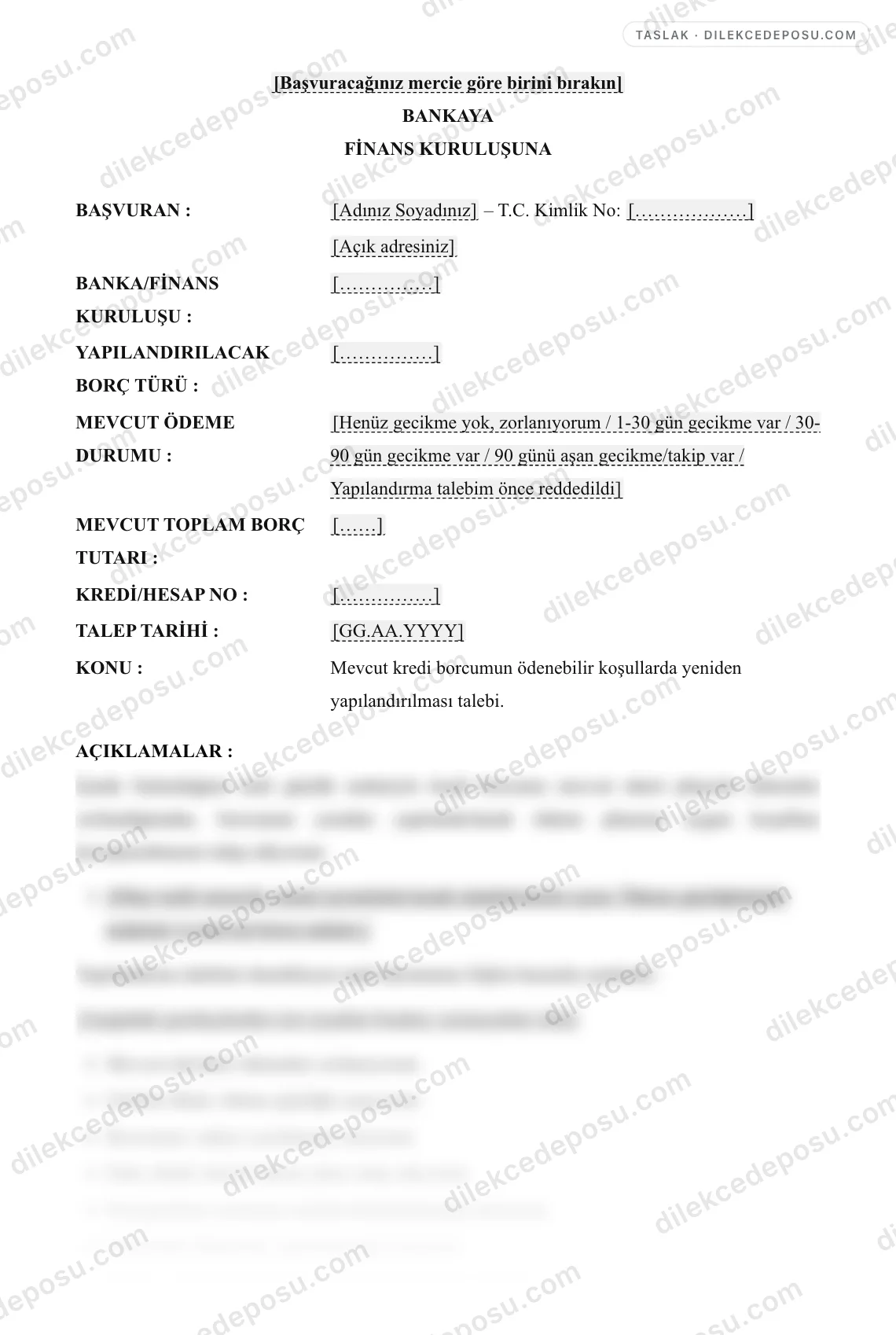 Kredi Yapılandırma Talebi Dilekçesi Örneği – taslağın ilk bölümünün önizlemesi