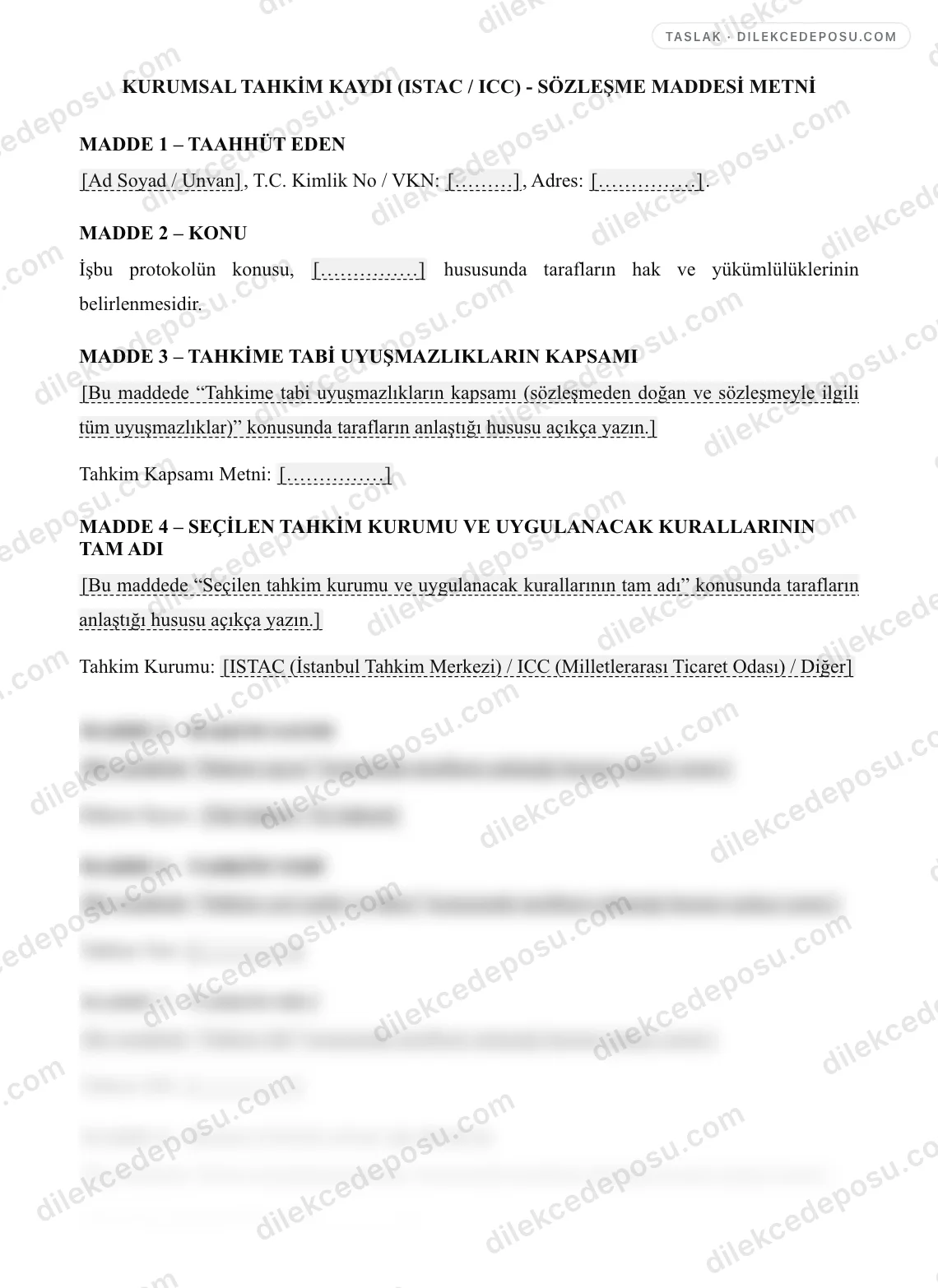 Kurumsal Tahkim Kaydı (ISTAC / ICC) - Sözleşme Maddesi Metni Örneği – taslağın ilk bölümünün önizlemesi