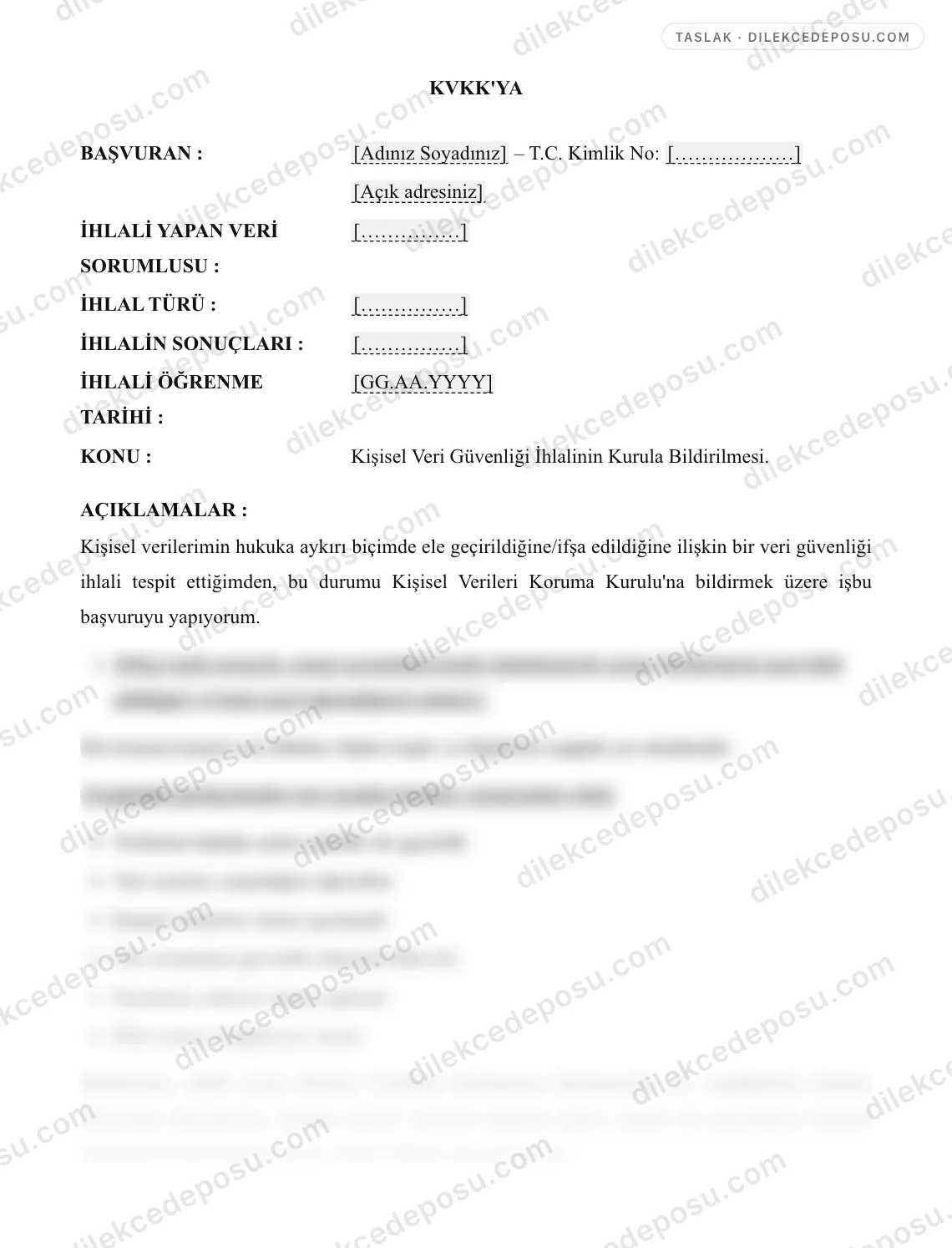 KVKK İhlal Bildirimi Örneği – taslağın ilk bölümünün önizlemesi