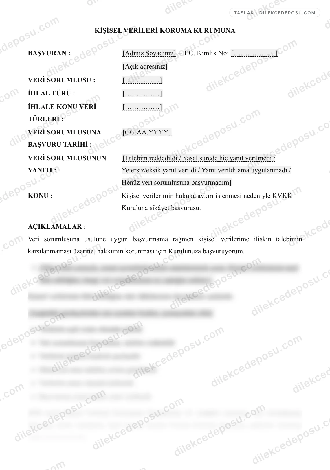 KVKK Kuruluna Şikayet Dilekçesi Örneği – taslağın ilk bölümünün önizlemesi