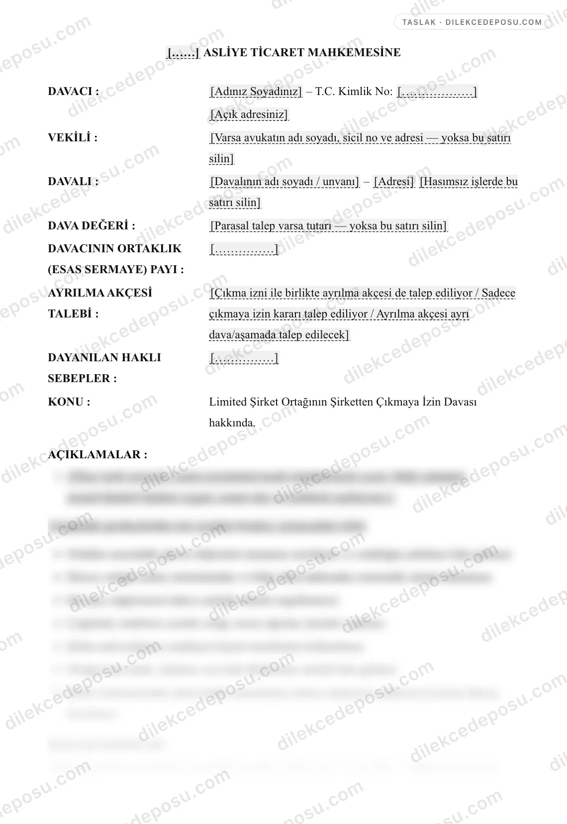 Limited Şirket Ortağının Şirketten Çıkmaya İzin Davası (Haklı Sebep) Örneği – taslağın ilk bölümünün önizlemesi