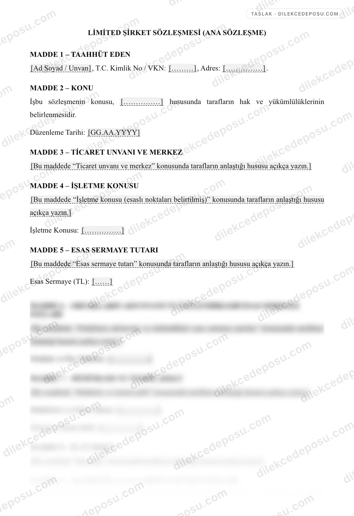Limited Şirket Sözleşmesi (Ana Sözleşme) Örneği – taslağın ilk bölümünün önizlemesi