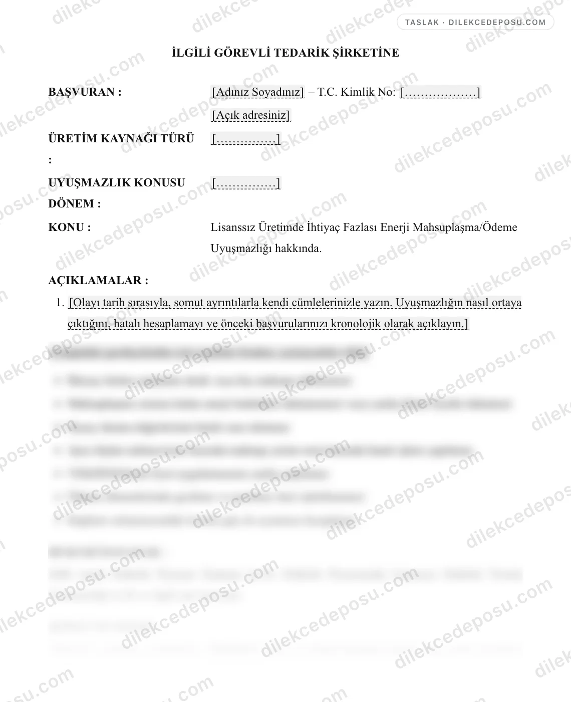 Lisanssız Üretimde İhtiyaç Fazlası Enerji Mahsuplaşma/Ödeme Uyuşmazlığı Dilekçesi Örneği – taslağın ilk bölümünün önizlemesi