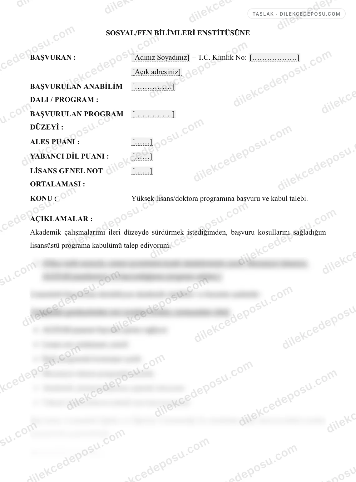 Lisansüstü Başvuru Dilekçesi Örneği – taslağın ilk bölümünün önizlemesi