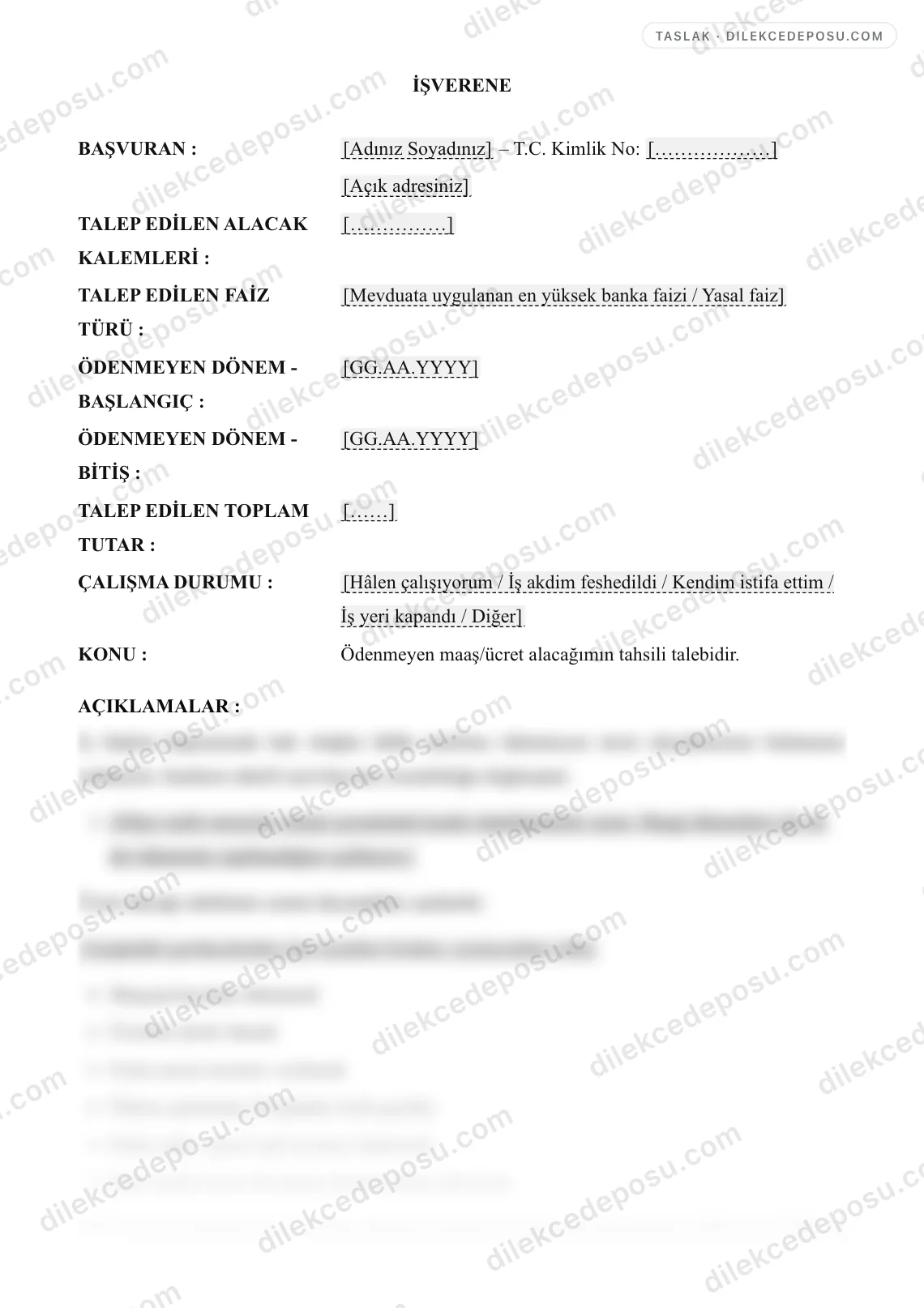 Maaş/Ücret Talep Dilekçesi Örneği – taslağın ilk bölümünün önizlemesi
