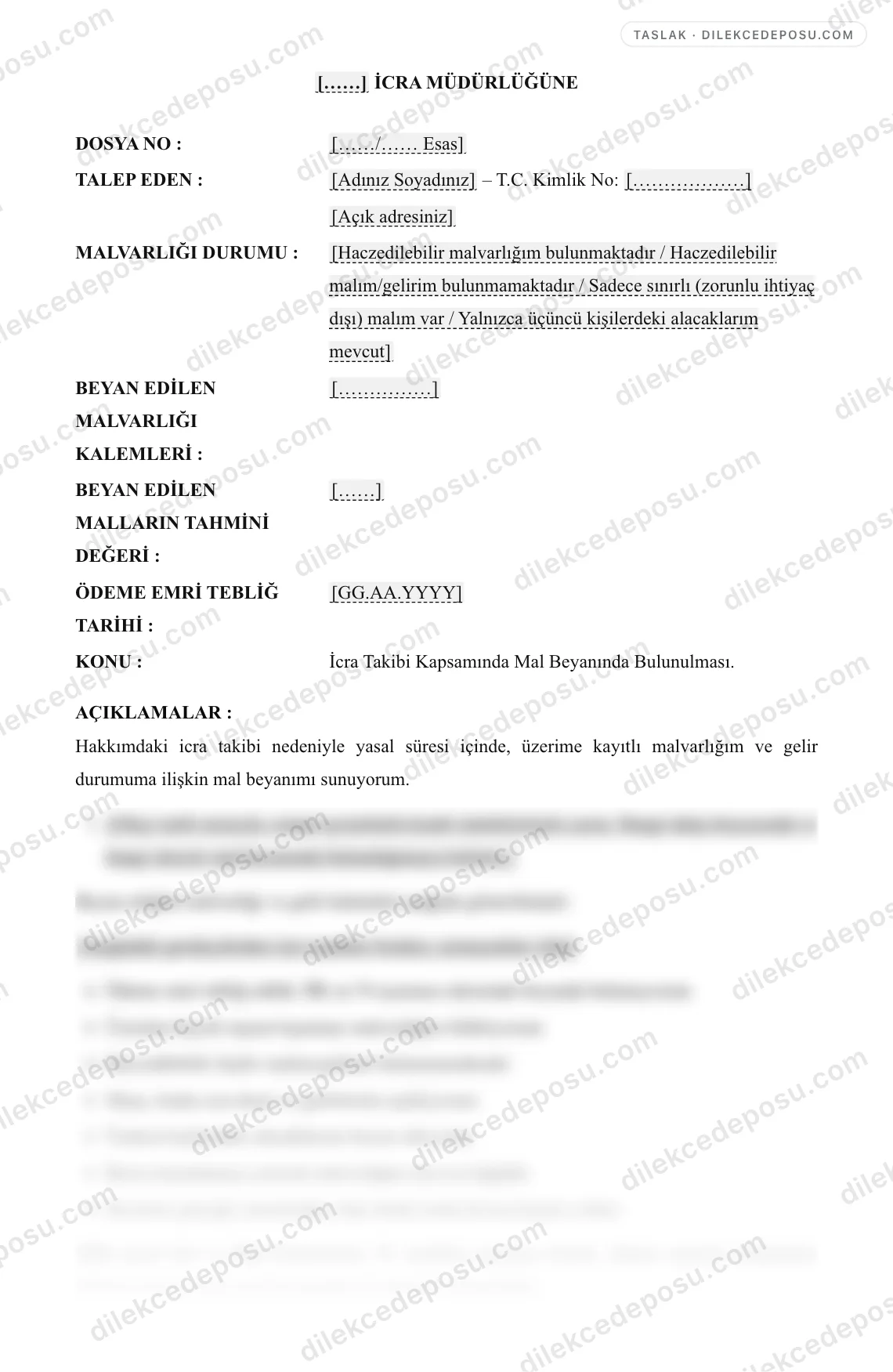 Mal Beyanı Dilekçesi Örneği – taslağın ilk bölümünün önizlemesi