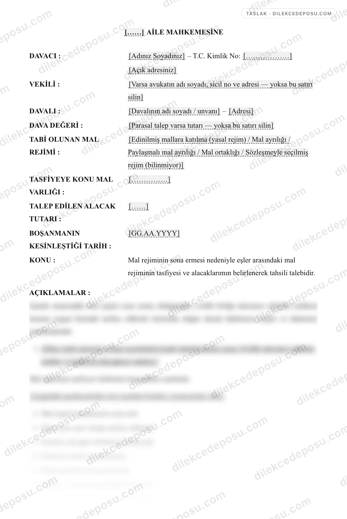 Mal Rejimi Tasfiye Davası Dilekçesi Örneği – taslağın ilk bölümünün önizlemesi