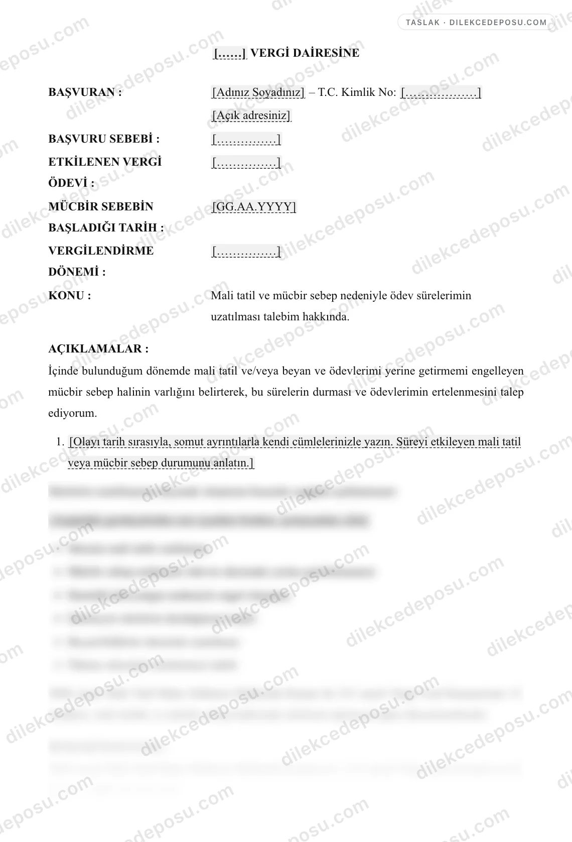 Mali Tatil / Mücbir Sebep Dilekçesi Örneği – taslağın ilk bölümünün önizlemesi