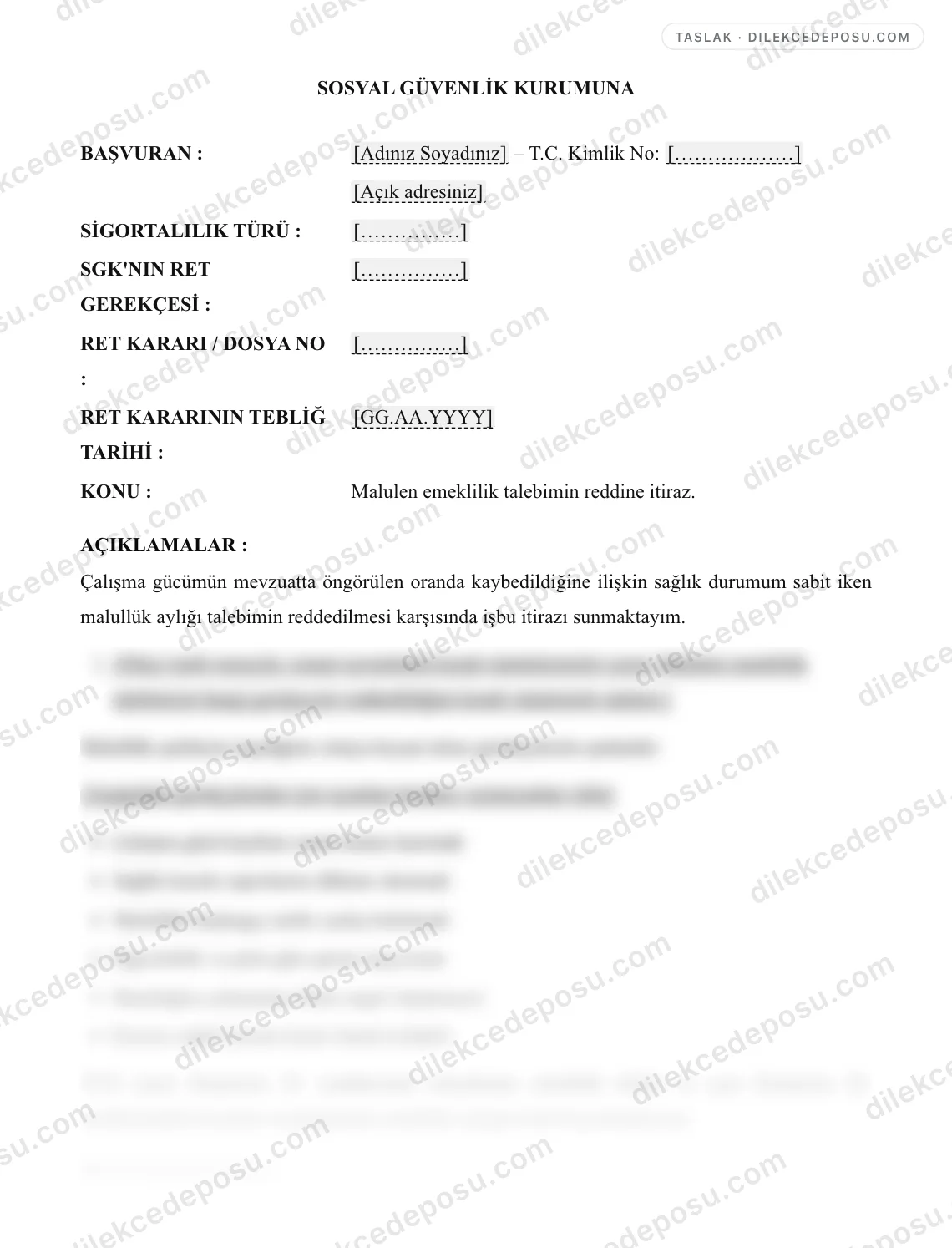 Malulen Emeklilik Reddine İtiraz Dilekçesi Örneği – taslağın ilk bölümünün önizlemesi