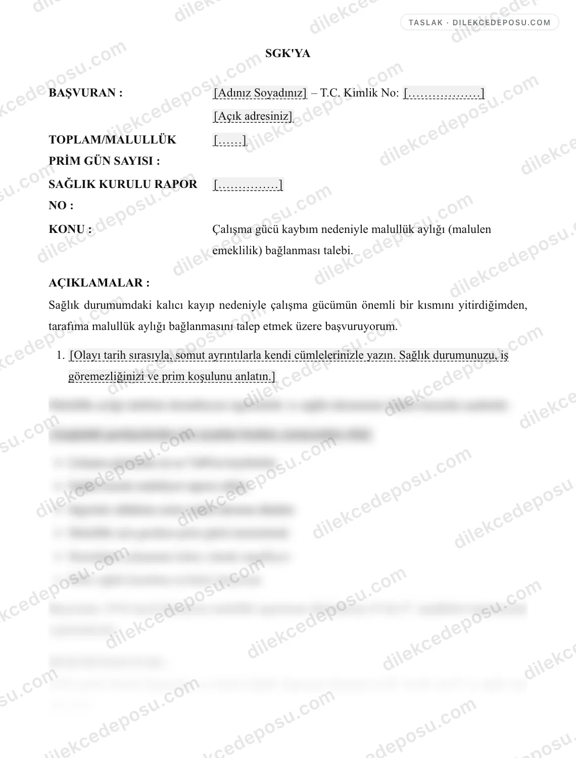 Maluliyet Aylığı (Malulen Emeklilik) Örneği – taslağın ilk bölümünün önizlemesi