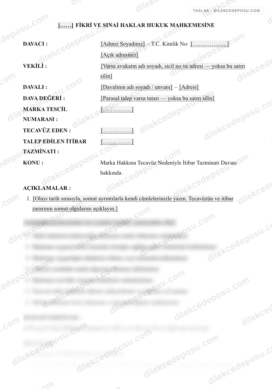 Marka Hakkına Tecavüz Nedeniyle İtibar Tazminatı Davası Örneği – taslağın ilk bölümünün önizlemesi