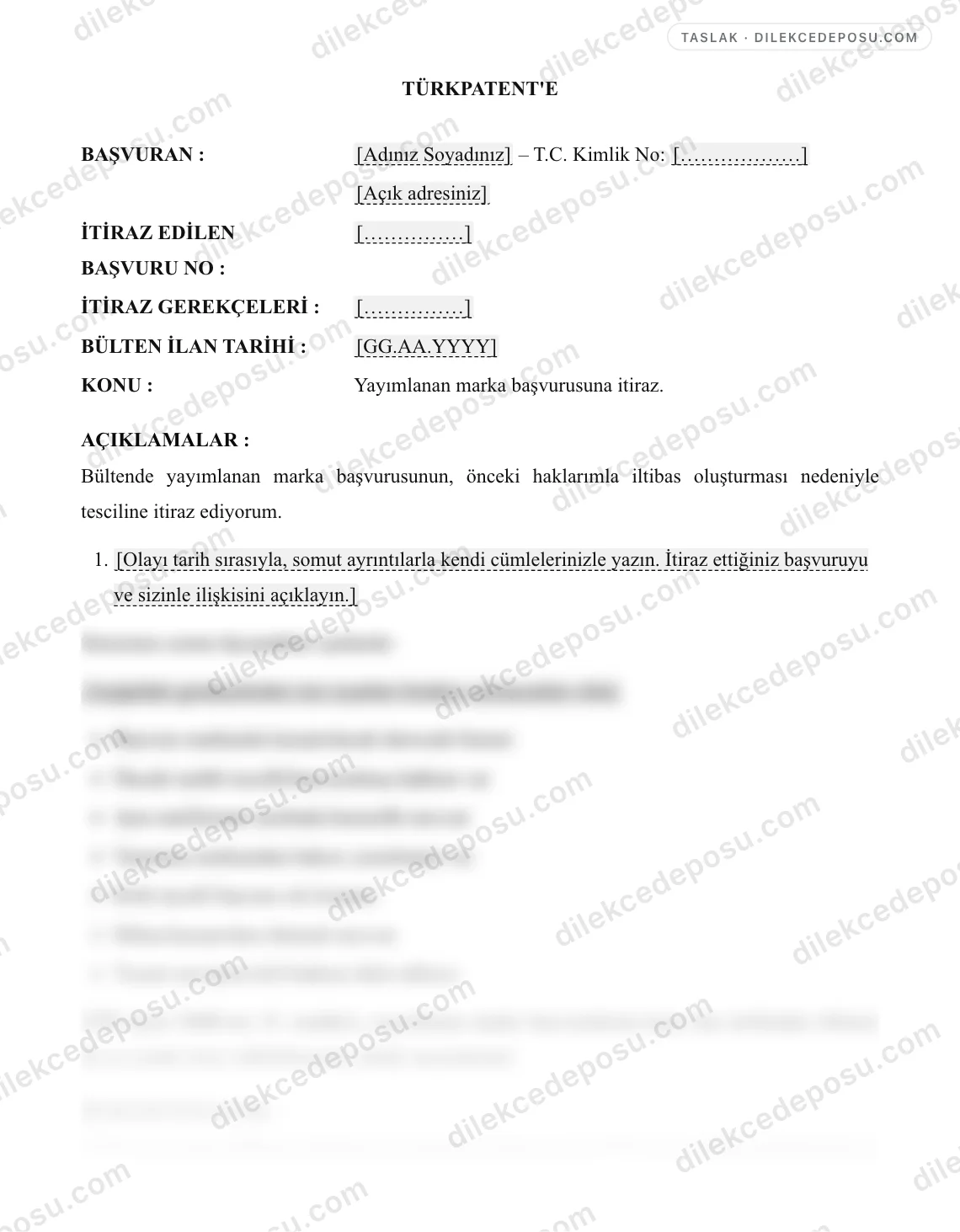 Marka İtiraz Dilekçesi Örneği – taslağın ilk bölümünün önizlemesi