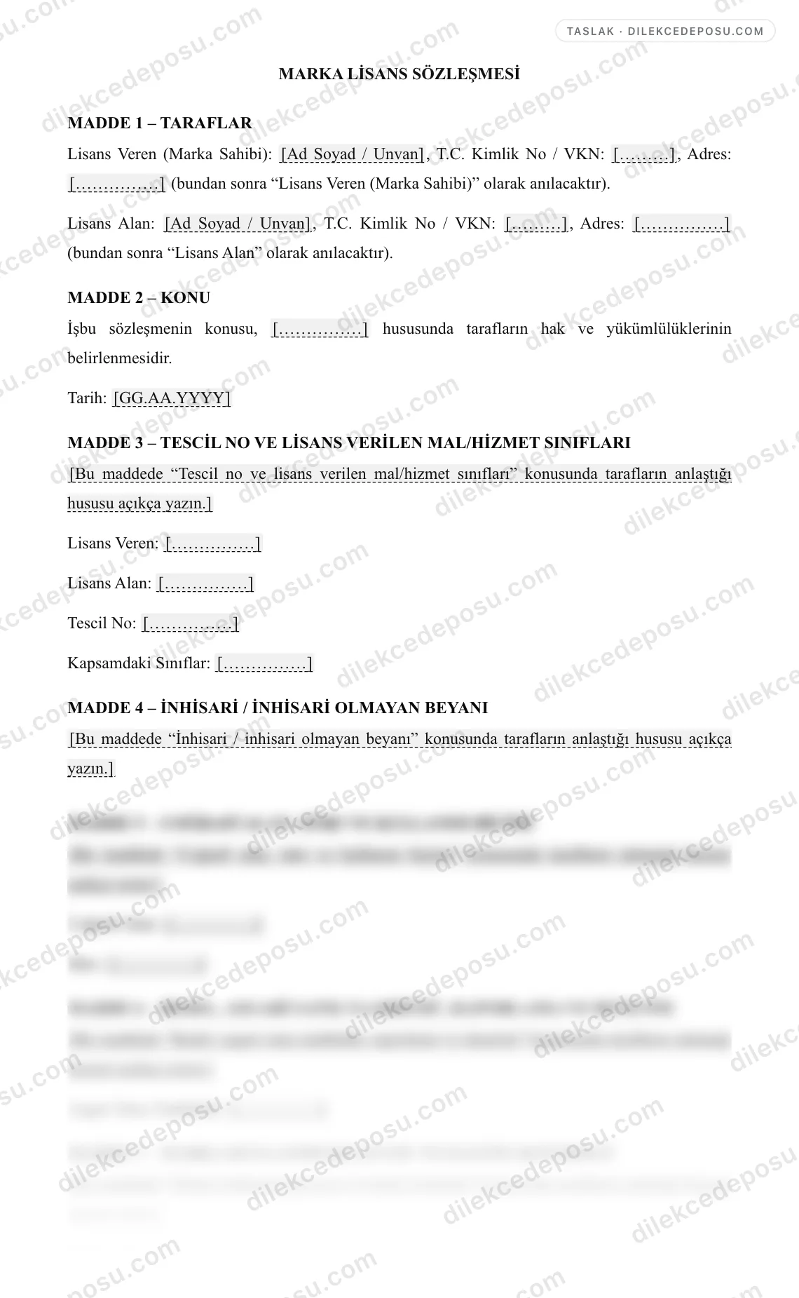 Marka Lisans Sözleşmesi Örneği – taslağın ilk bölümünün önizlemesi