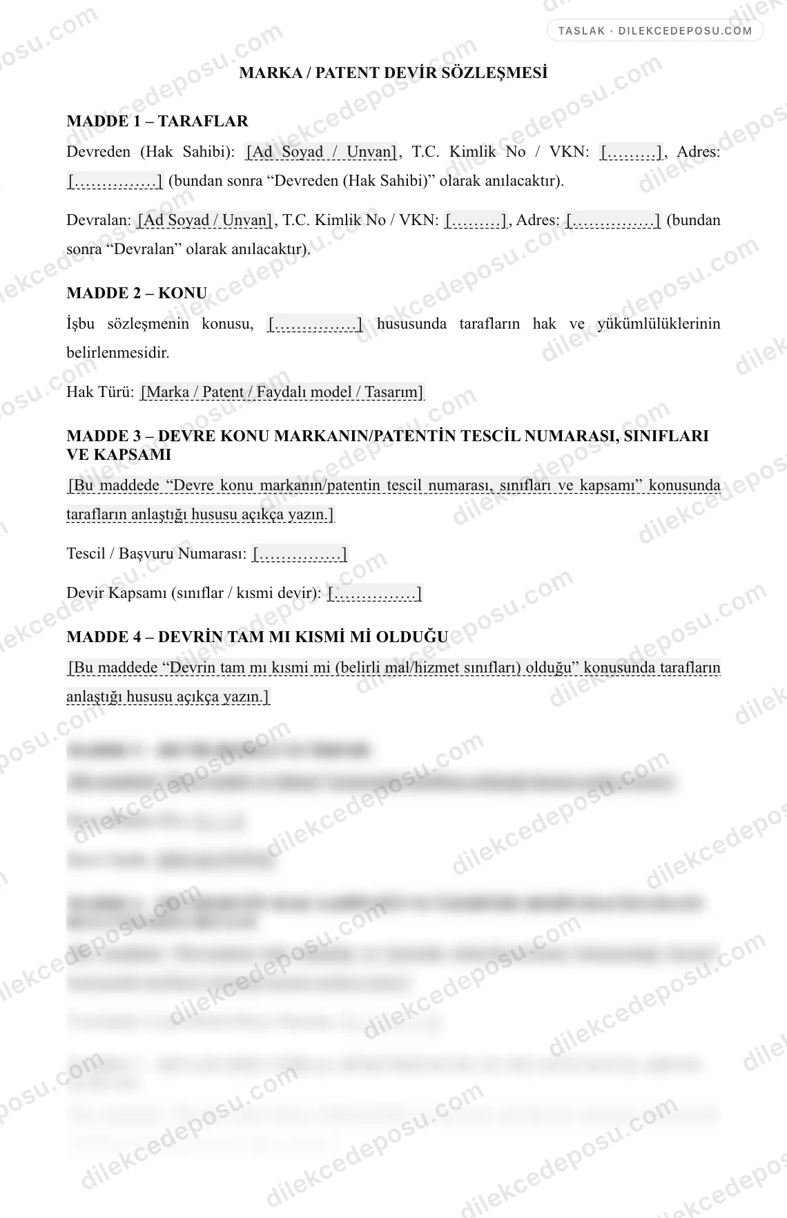 Marka / Patent Devir Sözleşmesi Örneği – taslağın ilk bölümünün önizlemesi
