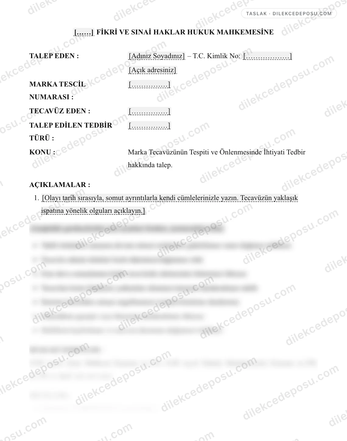 Marka Tecavüzünün Tespiti ve Önlenmesinde İhtiyati Tedbir Talebi Örneği – taslağın ilk bölümünün önizlemesi