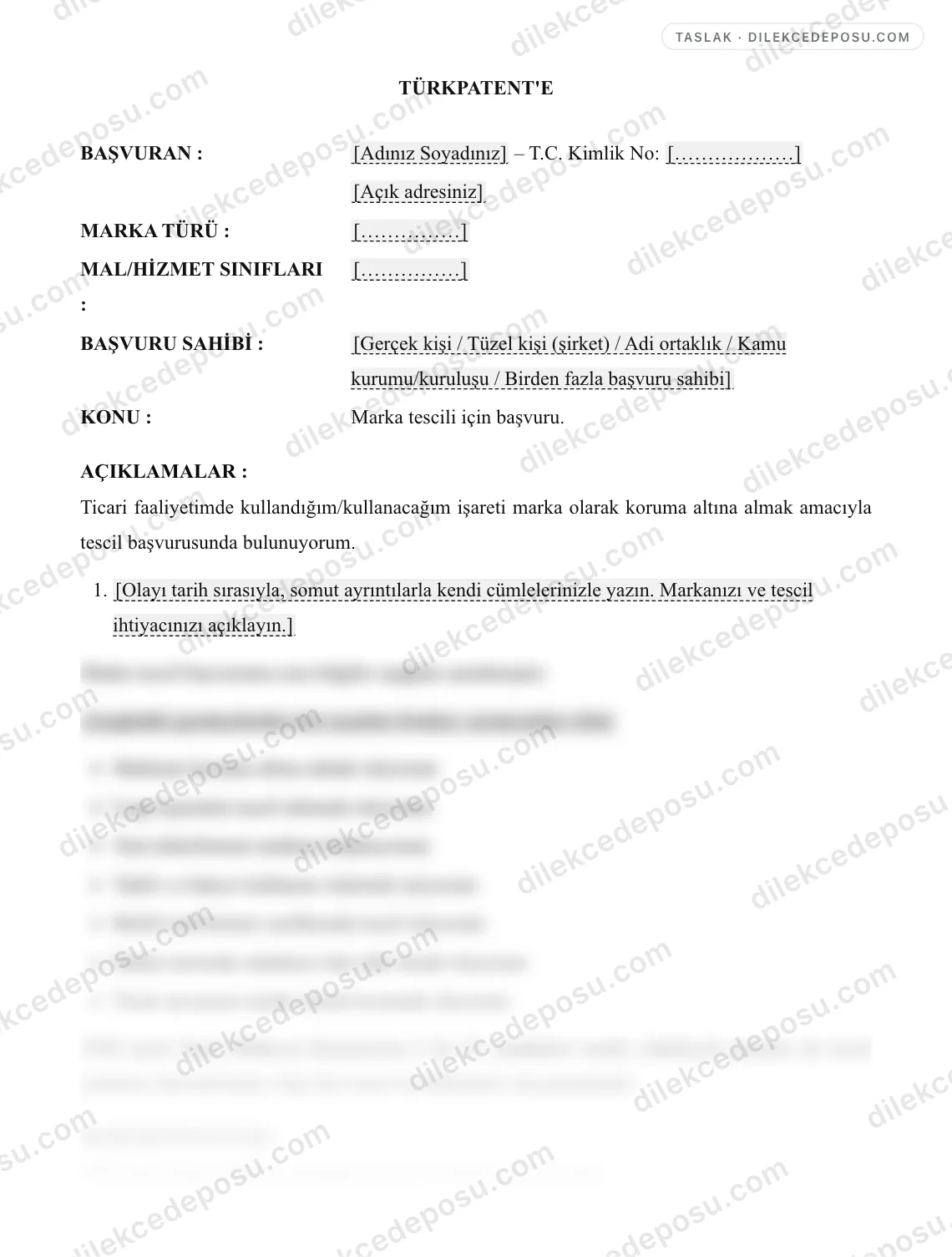 Marka Tescil Başvuru Dilekçesi Örneği – taslağın ilk bölümünün önizlemesi