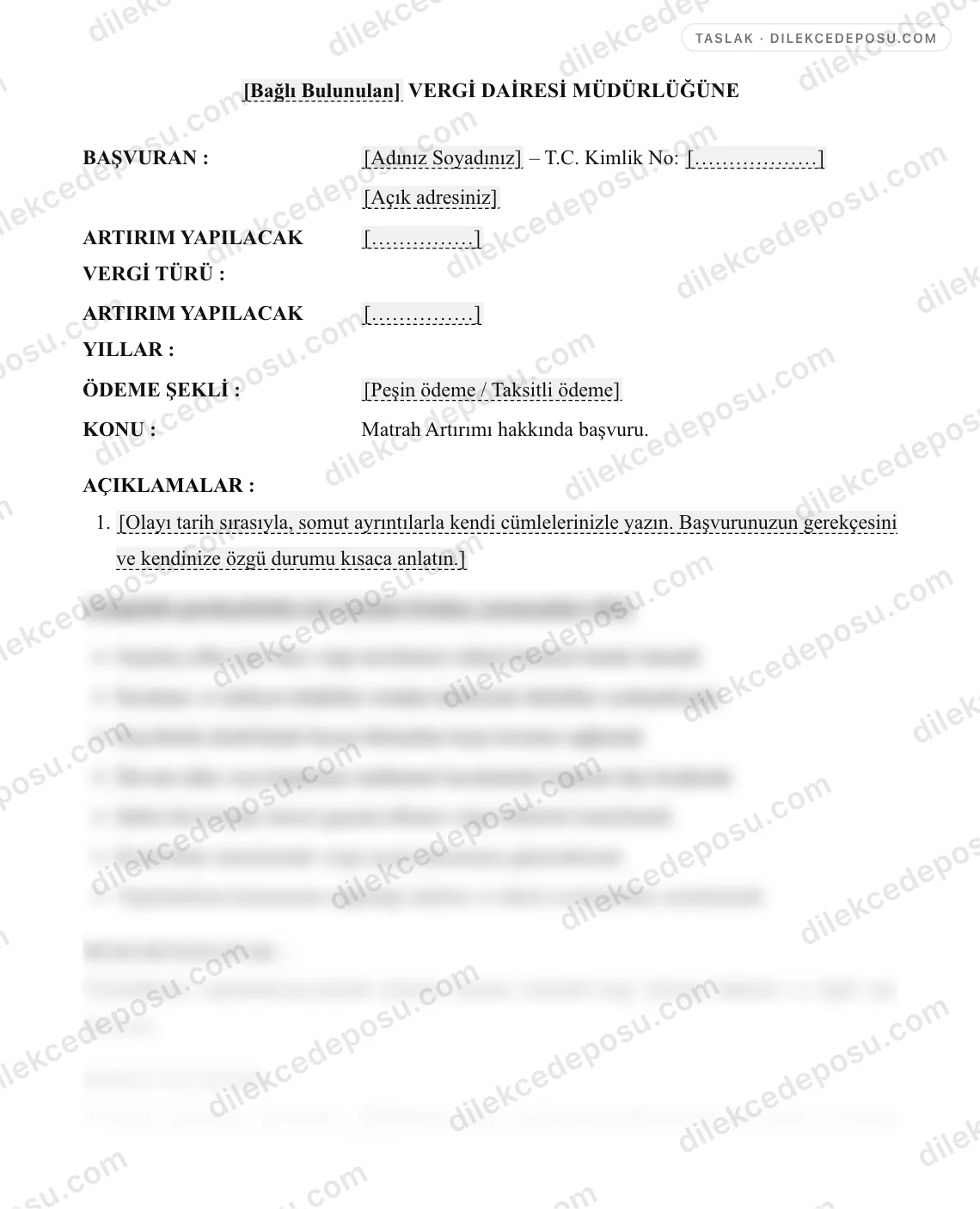 Matrah Artırımı Başvuru Dilekçesi Örneği – taslağın ilk bölümünün önizlemesi