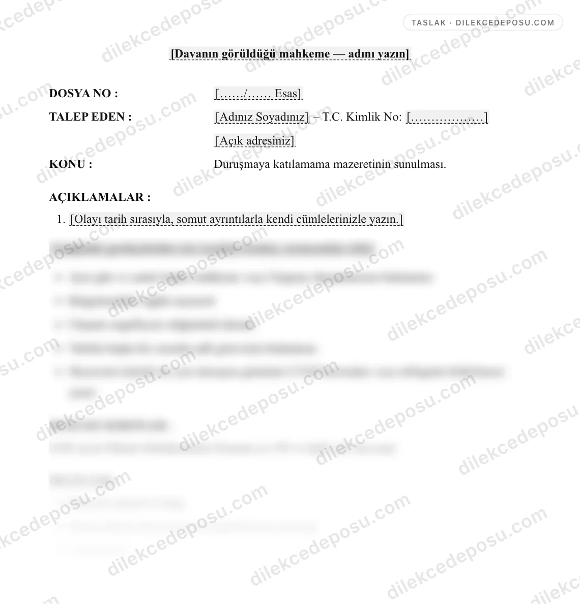 Mazeret Dilekçesi (Duruşmaya Katılamama) Örneği – taslağın ilk bölümünün önizlemesi