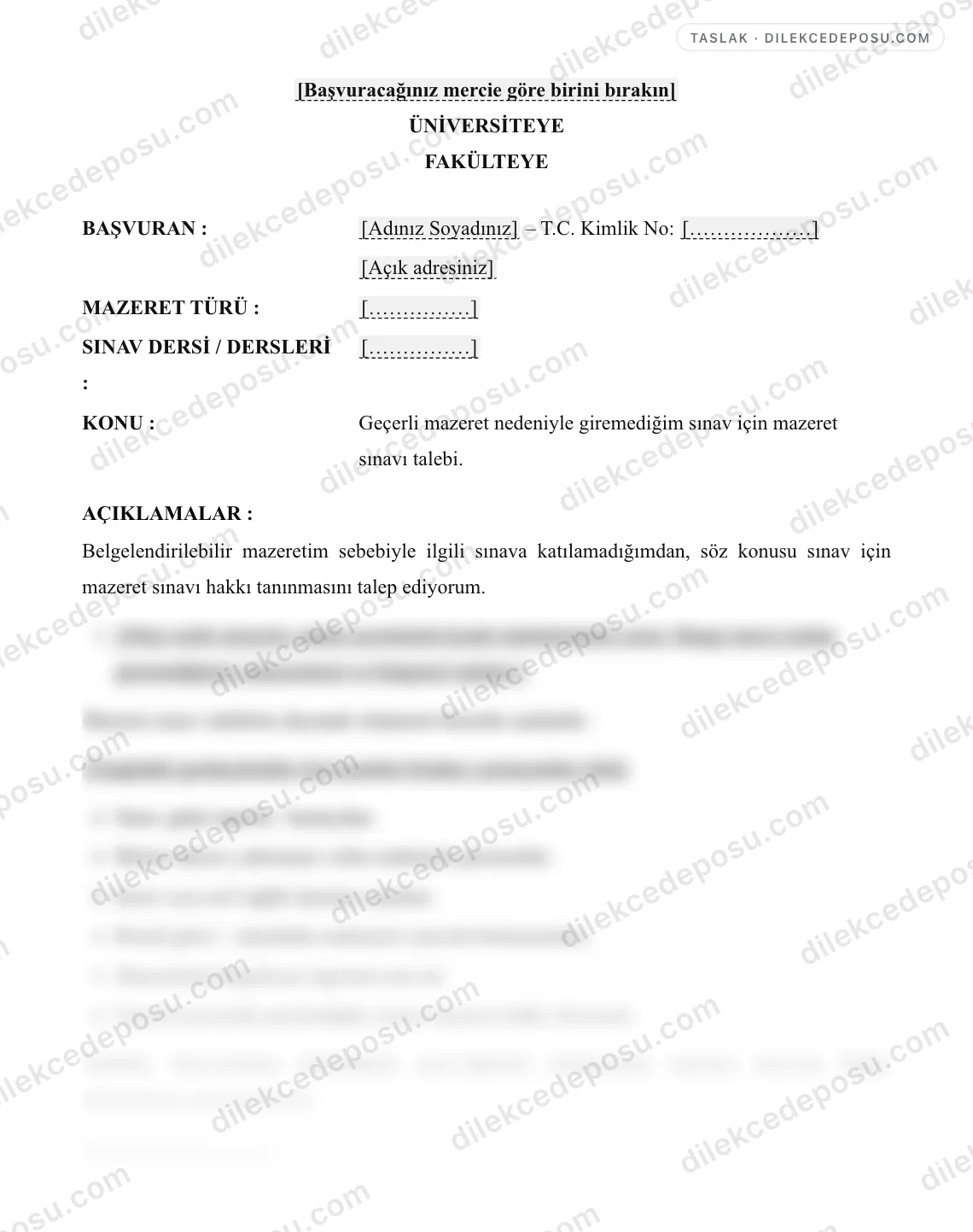Mazeret Sınavı Dilekçesi Örneği – taslağın ilk bölümünün önizlemesi