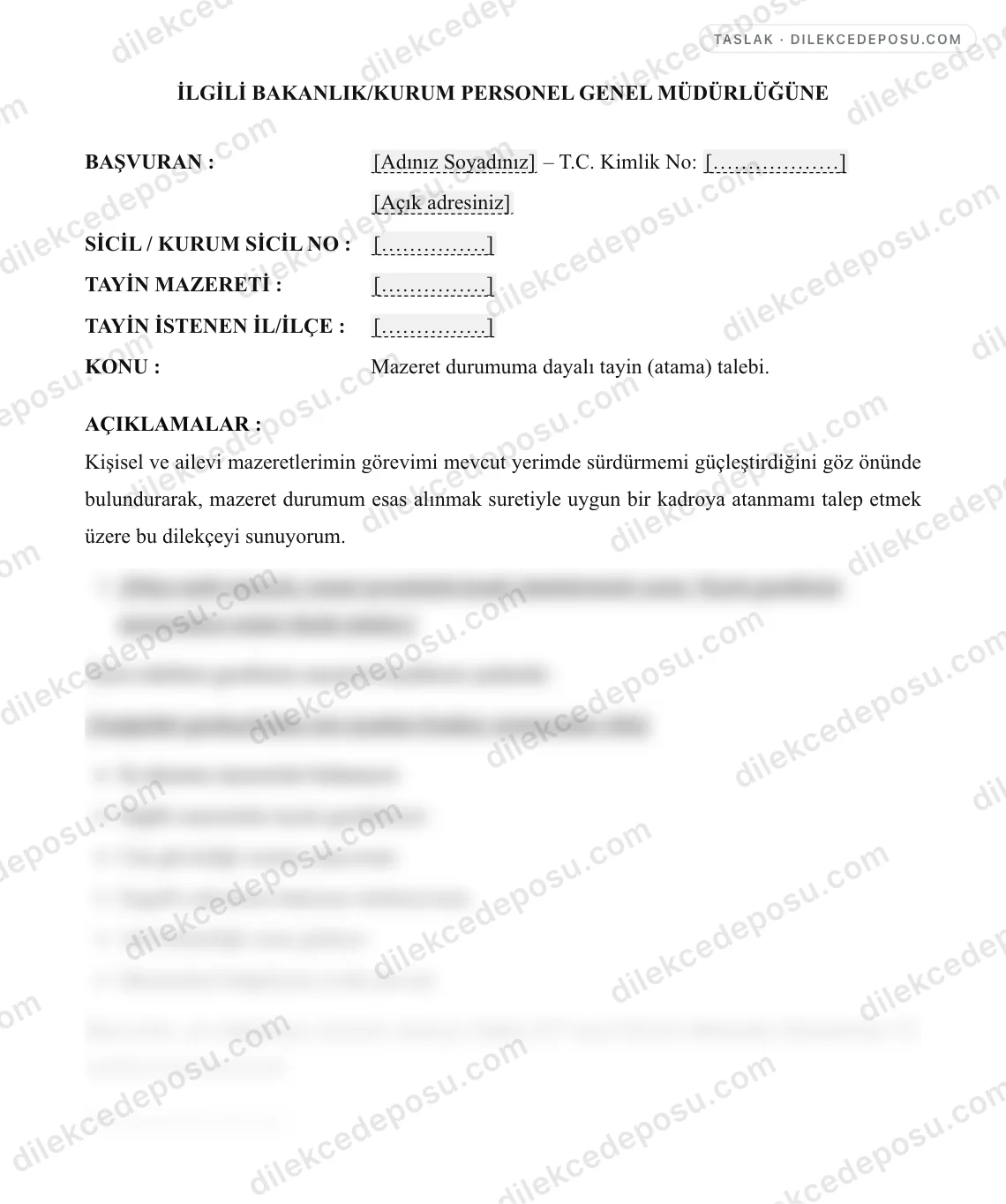 Mazerete Dayalı Tayin (Atama) Talep Dilekçesi Örneği – taslağın ilk bölümünün önizlemesi