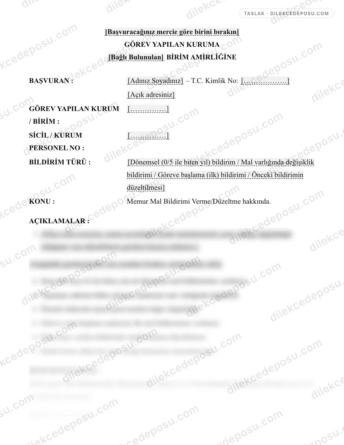 Memur Mal Bildirimi Verme/Düzeltme Dilekçesi Örneği – taslağın ilk bölümünün önizlemesi